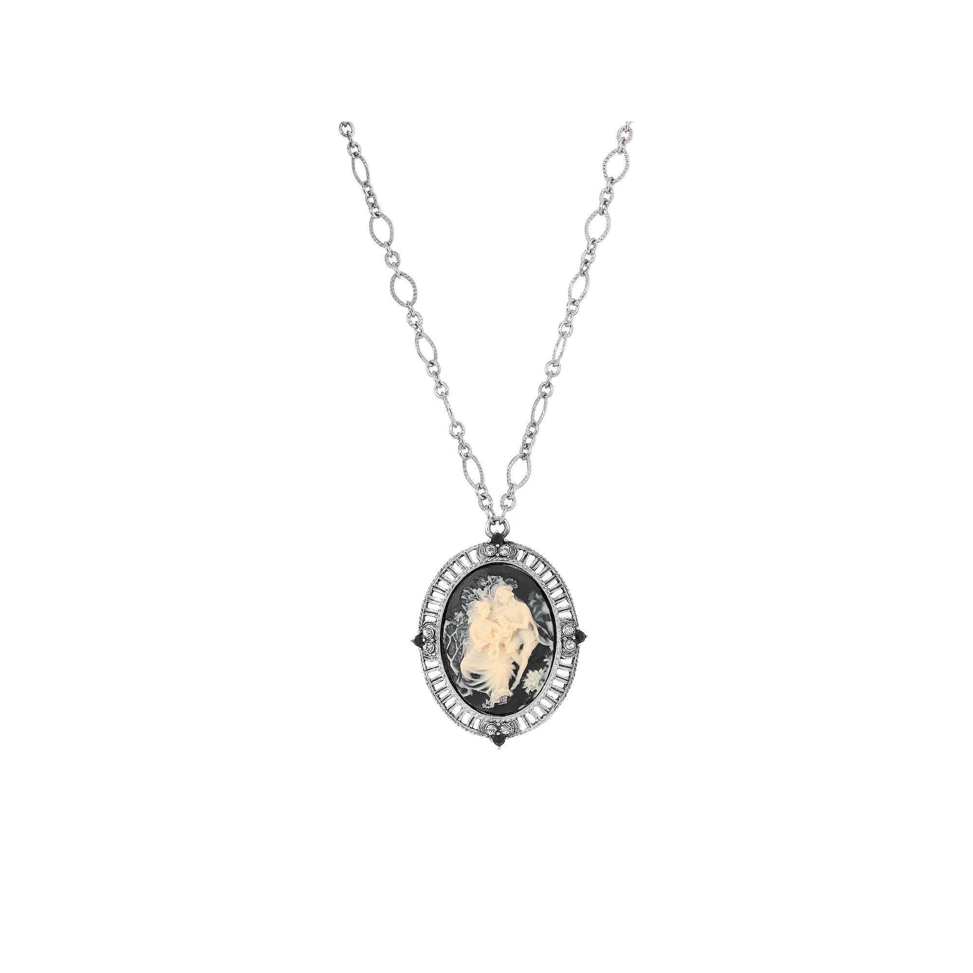 1928 Silver Tone Cameo And Stone Necklace, Womens, Black Product Image