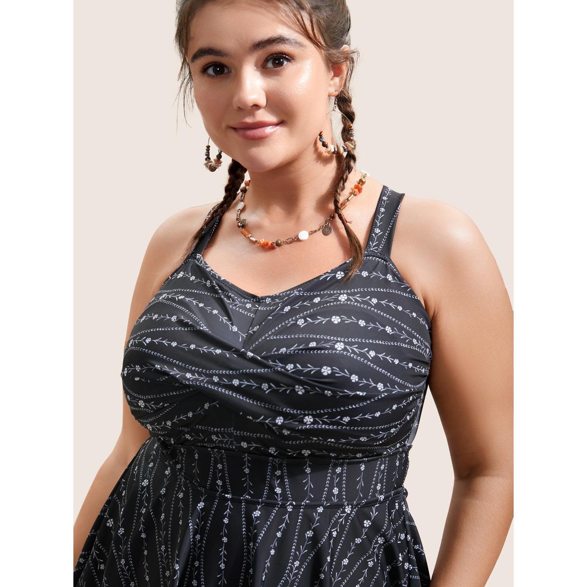 Plus Size Ditsy Floral & Geo Graphic Crossover Swim Dress Women's Swimwear Black Beach Bodycon Heart neckline High stretch Curve Swim Dresses BloomChic 30/6X Product Image