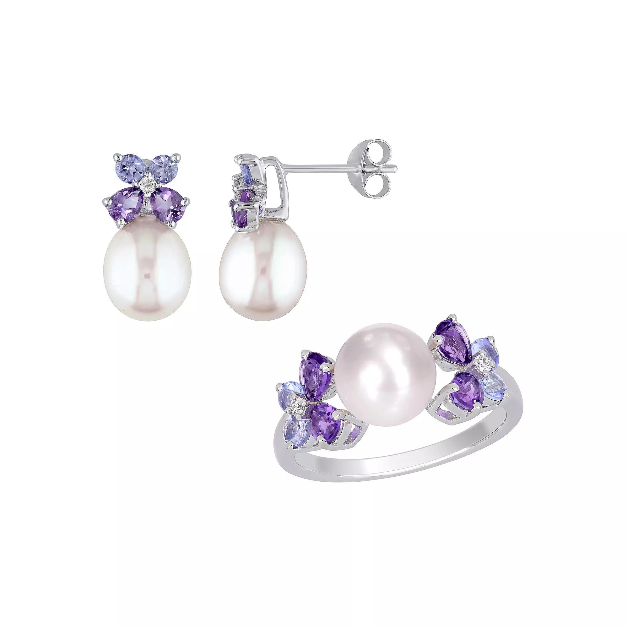 Stella Grace Sterling Silver Diamond Accent, Tanzanite, Amethyst & Freshwater Cultured Pearl Earrings & Ring Set, Women's, Size: 5 Product Image