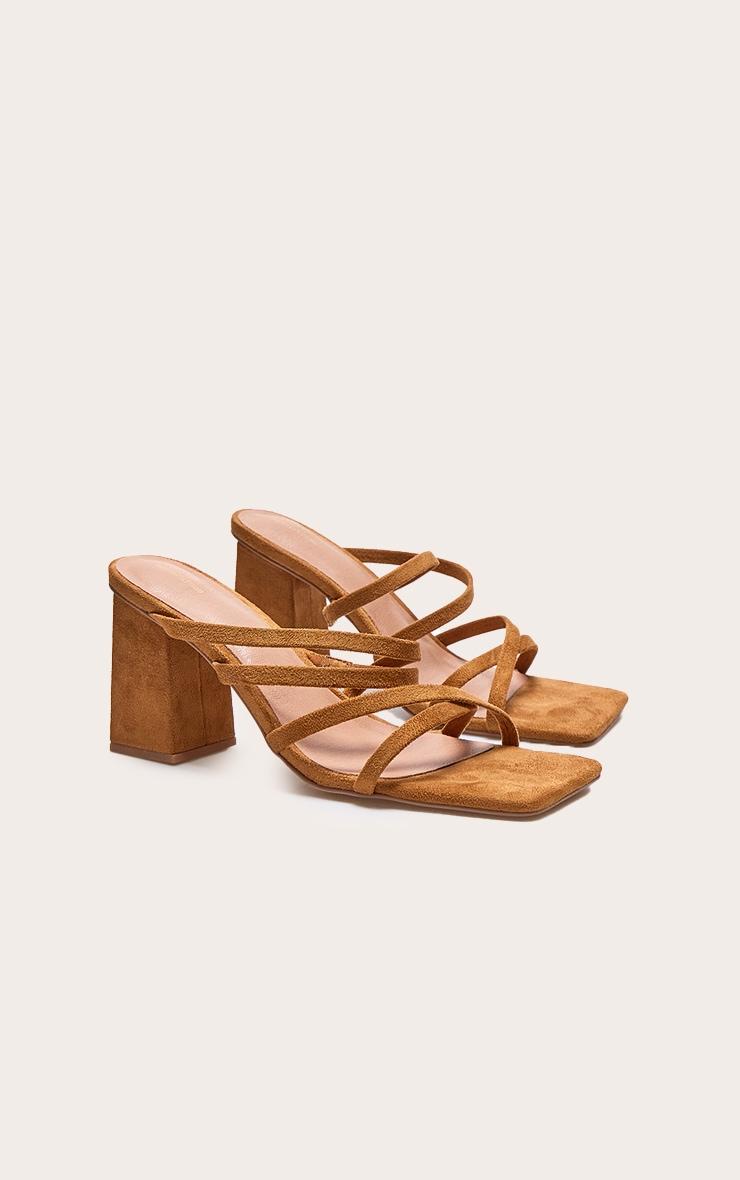 Tan Faux Suede Square Toe Strappy Block Heel Mules Product Image