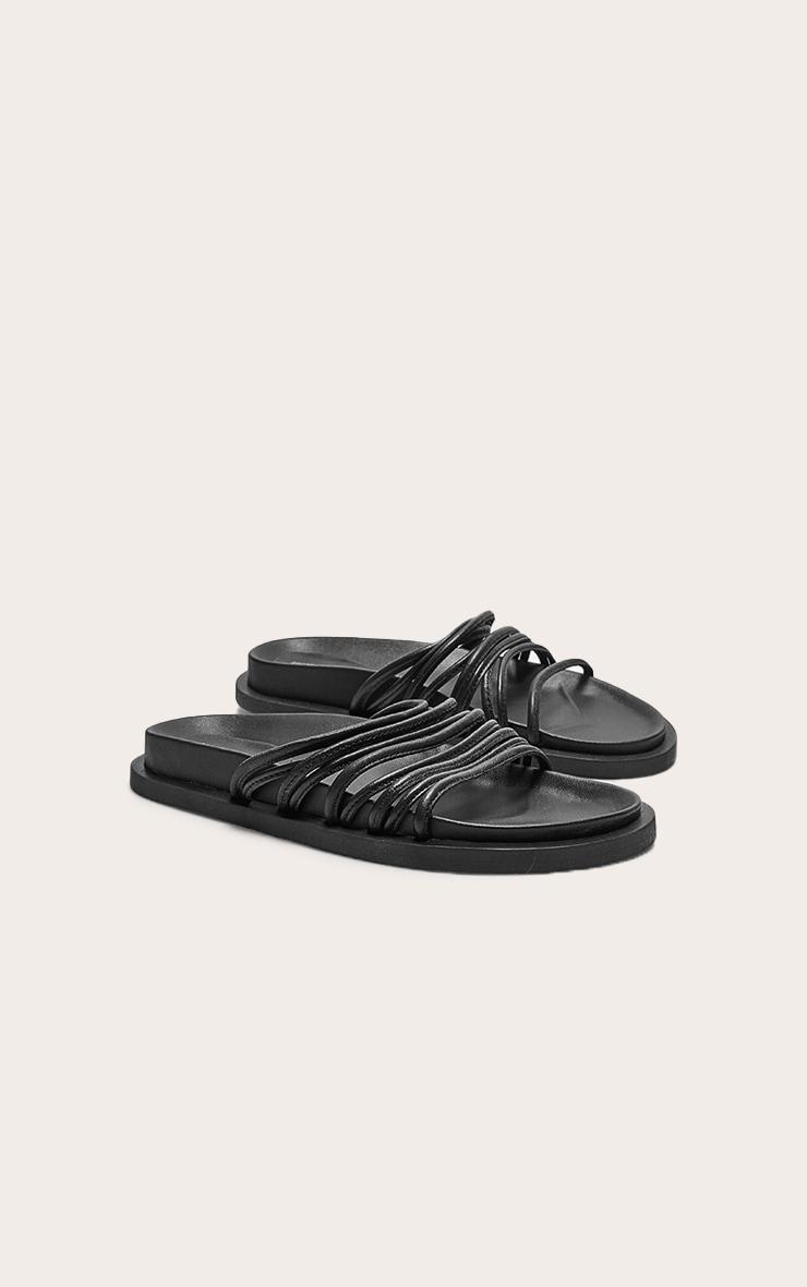 Black Real Leather Round Toe Strap Detail Footbed Sandals Product Image