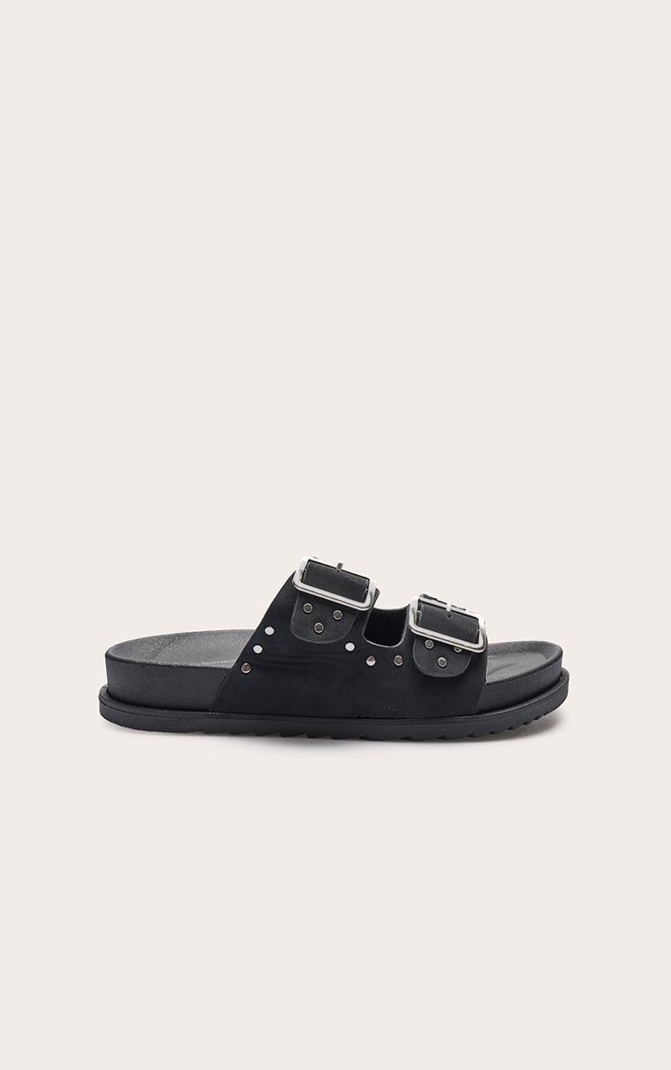 Black Double Buckle Faux Suede Flatbed Sandals Product Image