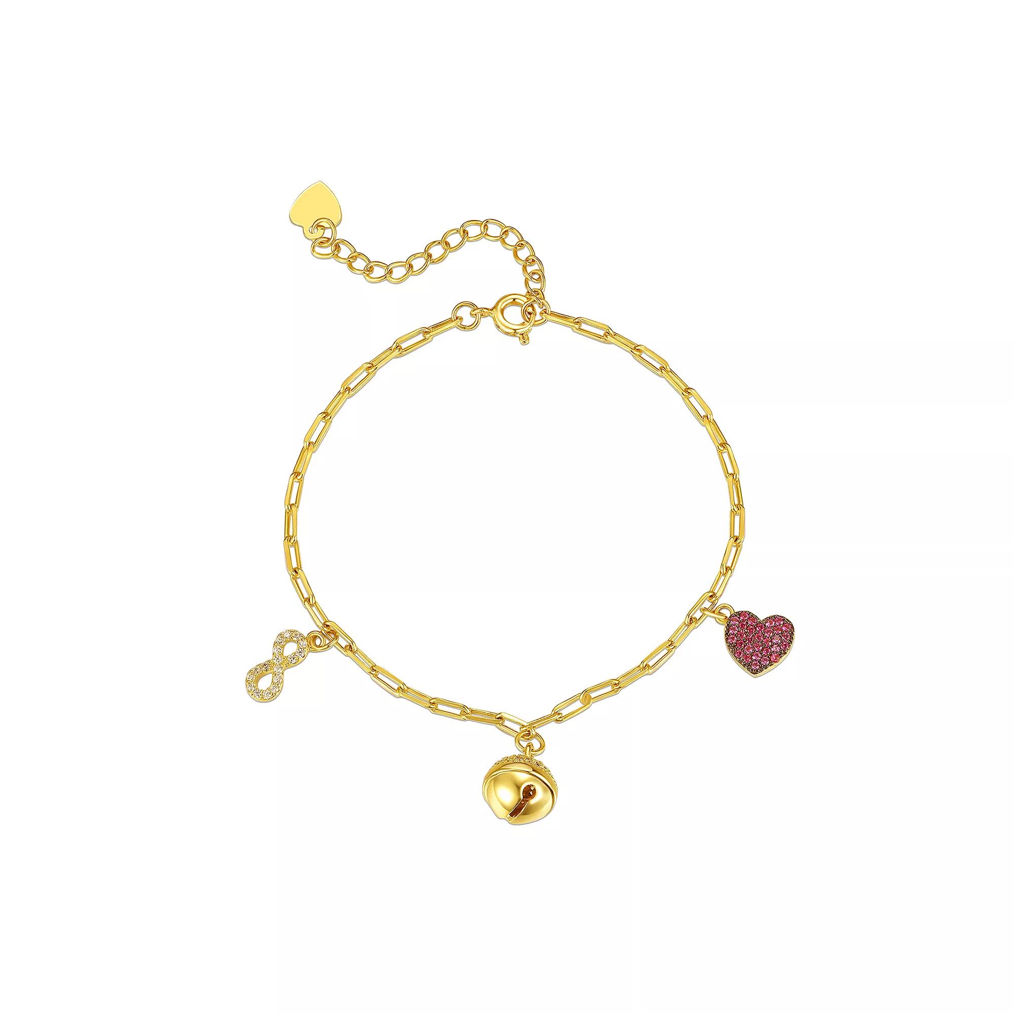 Kids 14k Gold Plated Cubic Zirconia Heart, Bell, and Infinity Dangle Charm Bracelet, Womens Red Product Image