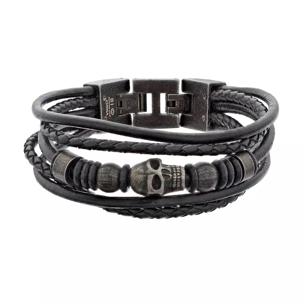 LYNX Men's Black Leather Multistrand Bracelet, Women's, Silver Product Image