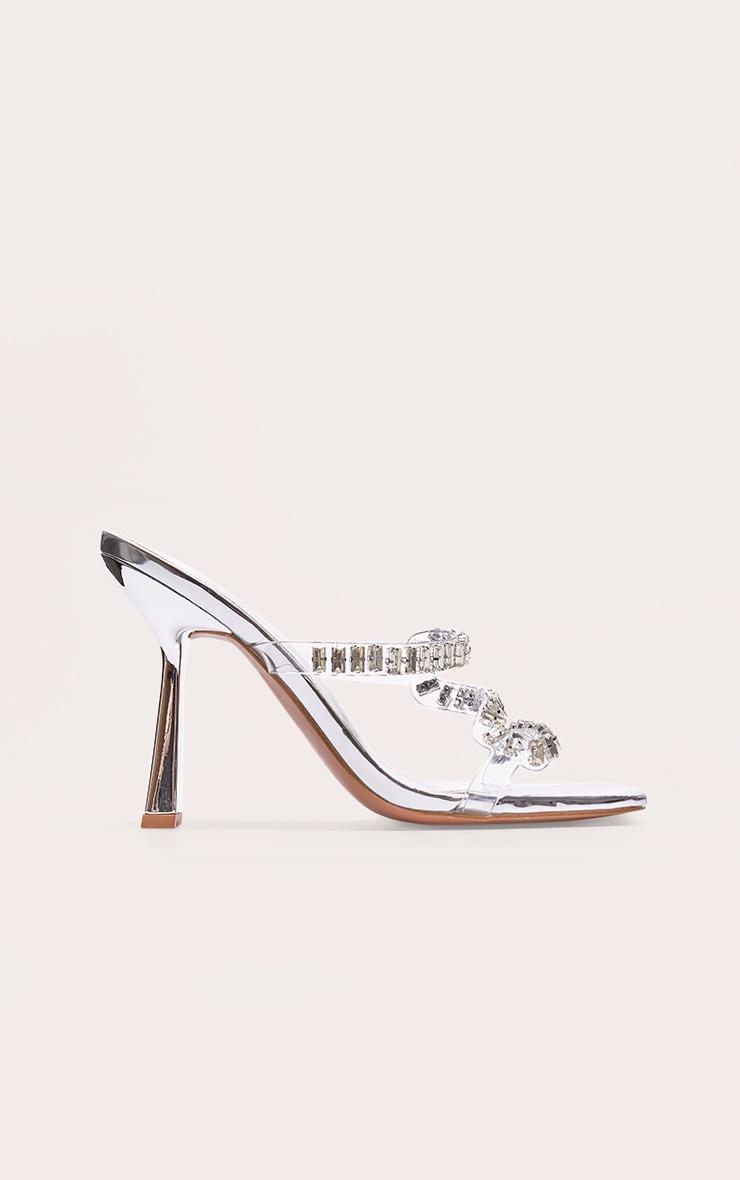 Silver PU Wide Fit Metallic Square Toe Diamante Strap Heeled Mules Product Image