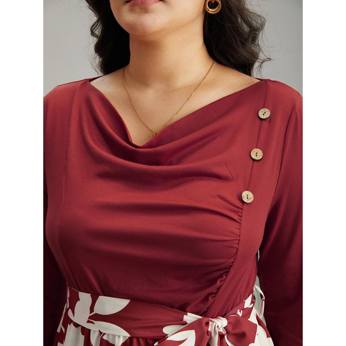 Plus Size Silhouette Floral Print Cowl Neck Belted Split Hem Dress Scarlet Women Office Gathered Cowl Neck Long Sleeve Curvy Midi Dress BloomChic 26/4X Product Image