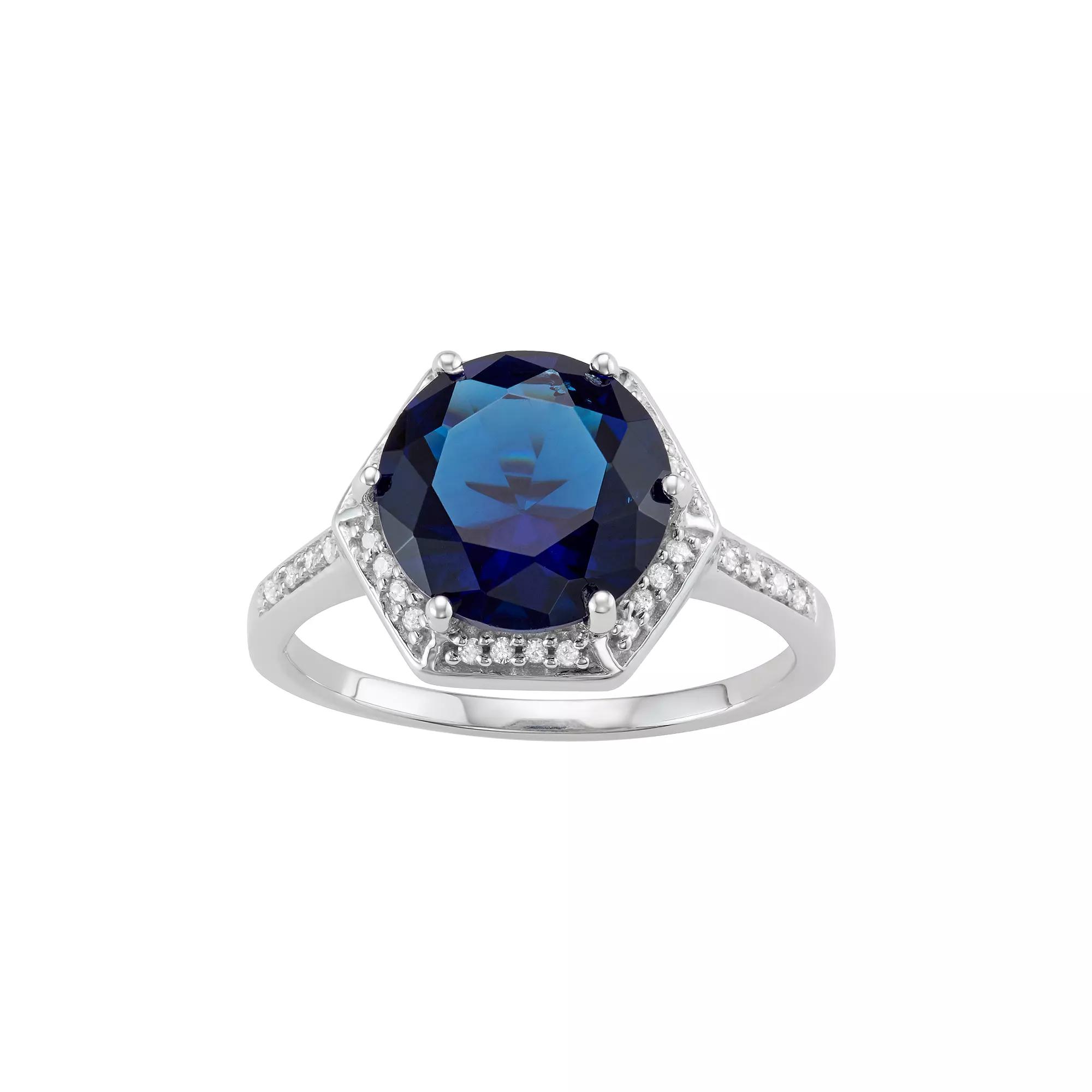 Jewelexcess Sterling Silver Lab-Created Sapphire & 1/10 Carat T.W. Diamond Halo Ring, Women's,  Product Image