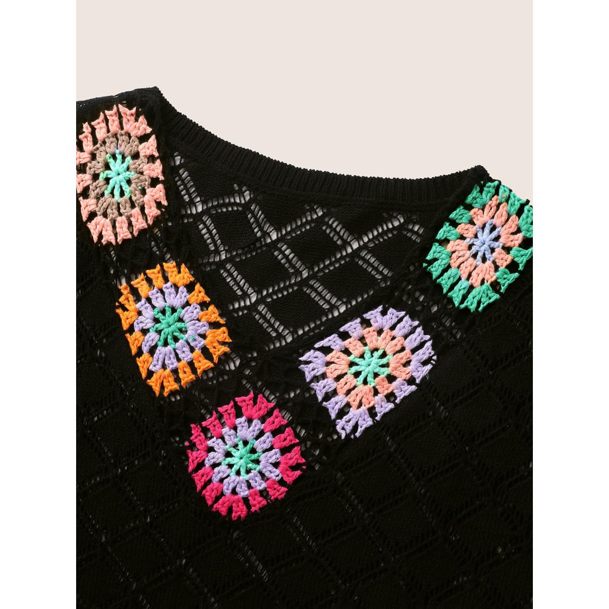 Plus Size Crochet Floral Split Side Dolman Sleeve Swim Cover Up Women's Swimwear Black Beach Loose Crochet Curve Swim Cover Ups BloomChic 28/5X Product Image