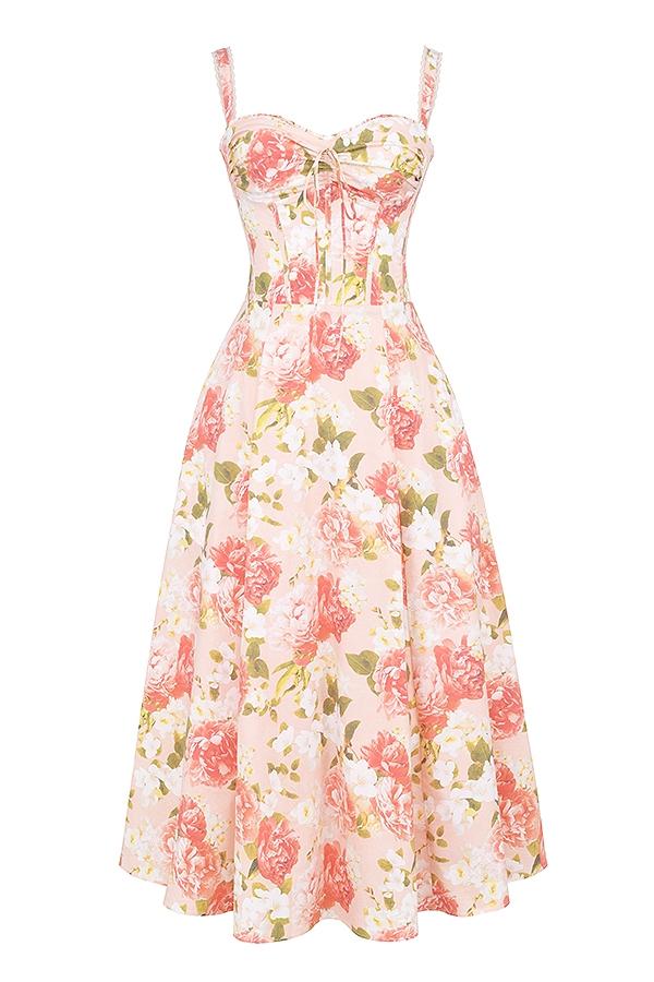 Rosalee  pink peony print cotton bustier sundress Product Image