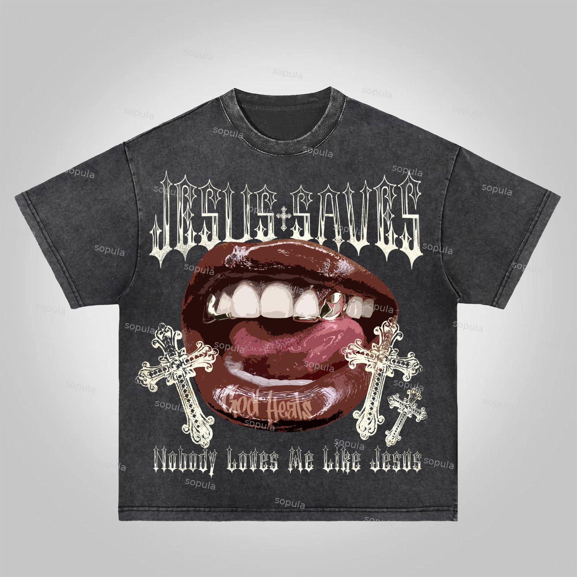 Sopula Jesus Saves Lips Cross Graphic Acid Wash T-shirt Product Image