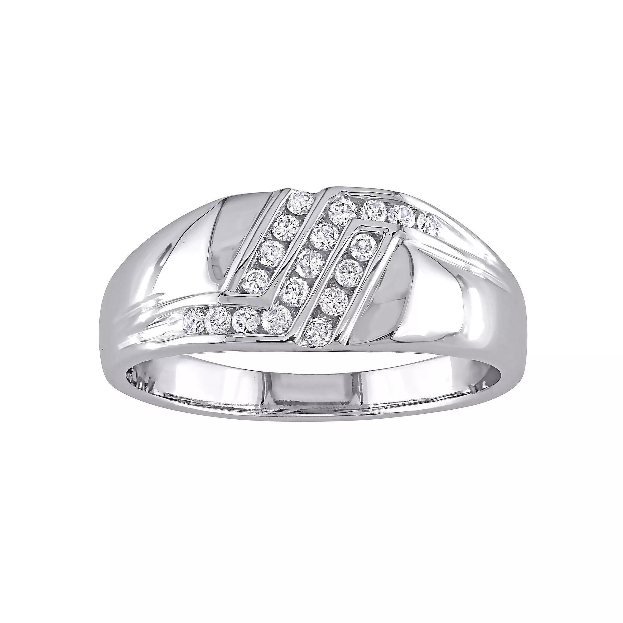 Stella Grace Men's 10k White Gold 1/4 Carat T.W. Diamond 3-Row Wedding Band, Size: 13 Product Image