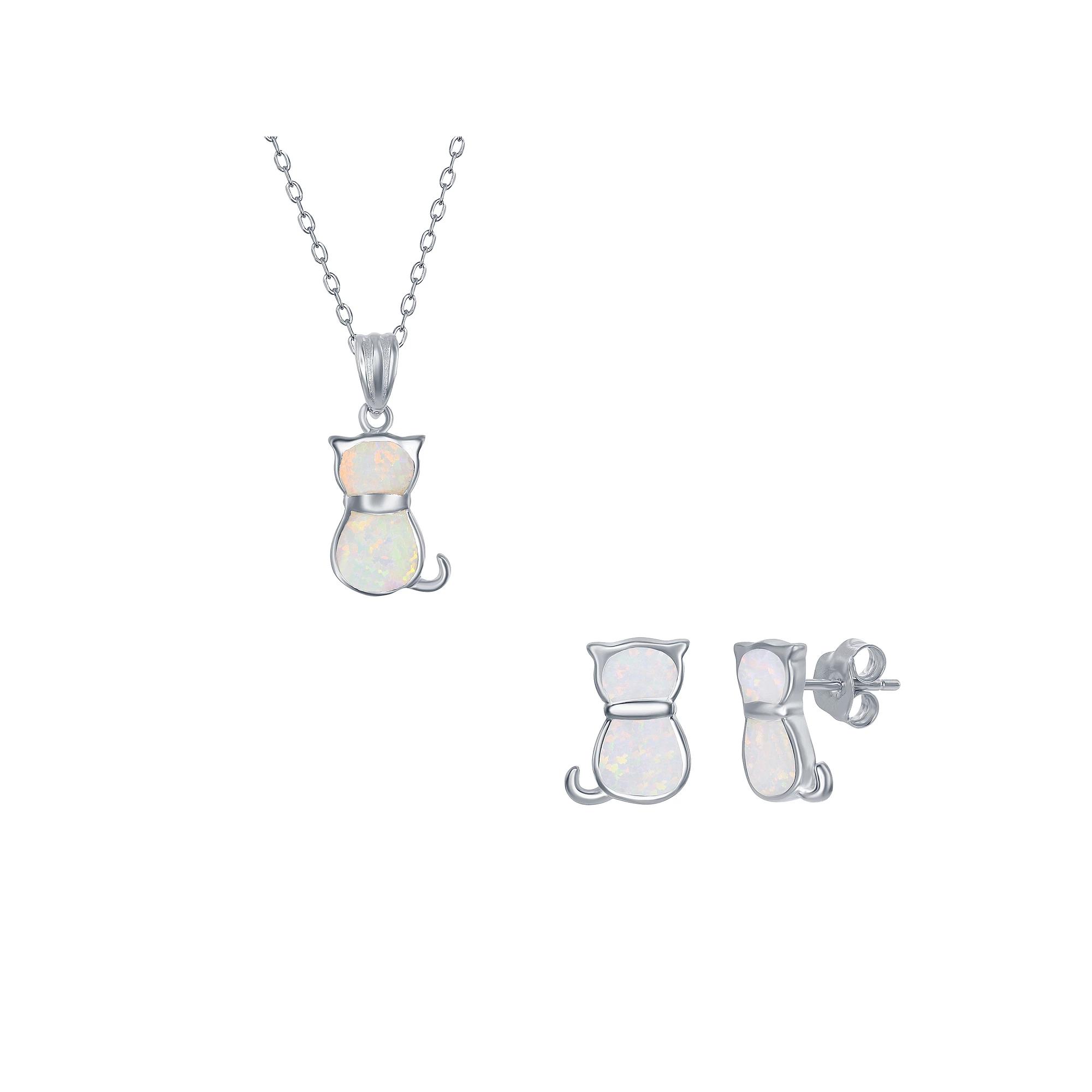 Sterling Silver Lab-Created Opal Cat Necklace & Earrings Set, Womens White Product Image