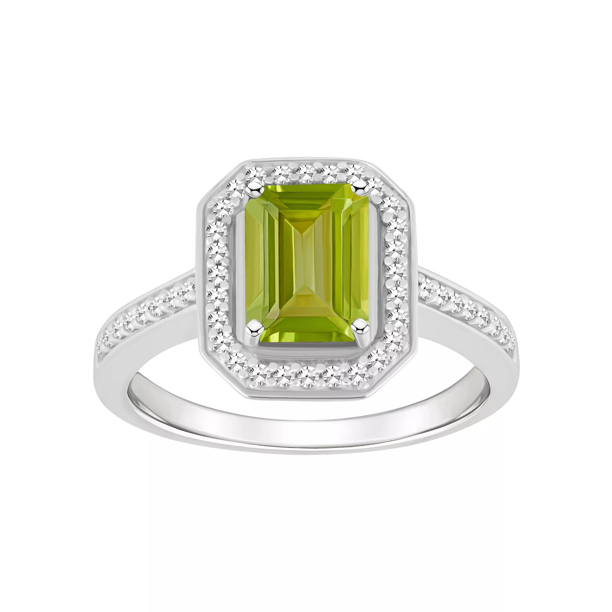 Celebration Gems Sterling Silver 8 mm x 6 mm Emerald Cut Gemstone & 1/5 Carat T.W. Diamond Halo Ring, Women's, Peridot Product Image
