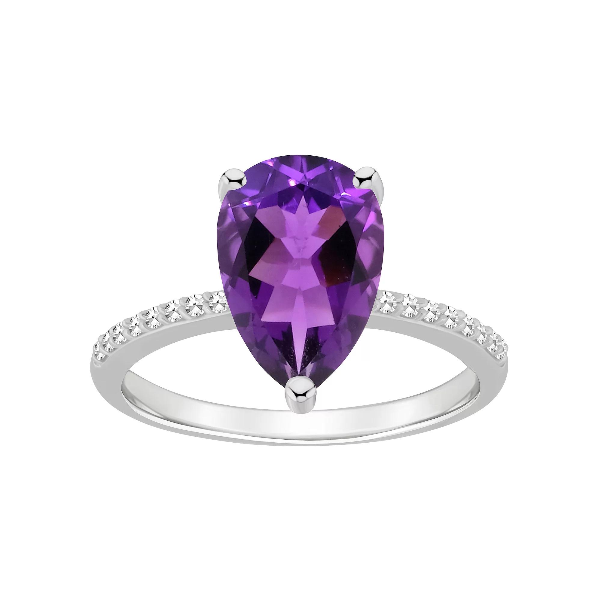 Alyson Layne Sterling Silver 10 mm x 8 mm Pear Shape Gemstone & 1/10 Carat T.W. Diamond Ring, Womens, Purple Product Image