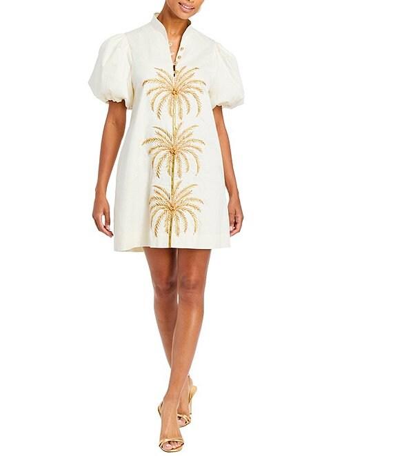 Mestiza New York Elliana Poplin Palm Tree Embroidery Mandarian Collar Short Puff Sleeve Dress Product Image