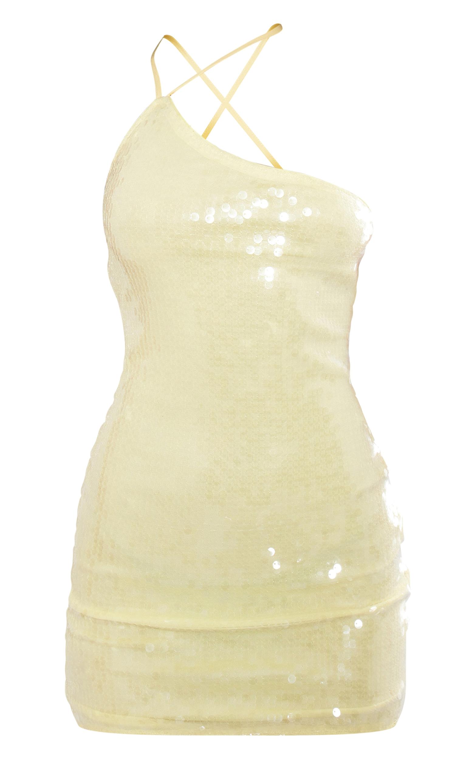 Yellow Sequin One Shoulder Strappy Bodycon Dress Product Image