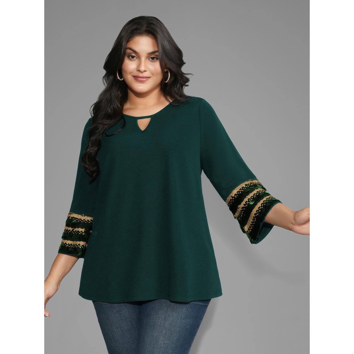 Plus Size DarkGreen Sequin Patchwork Keyhole Bell Sleeve Blouse Women Elegant Three Quarter Length Sleeve Round Neck Everyday Blouses BloomChic 28/5X Product Image