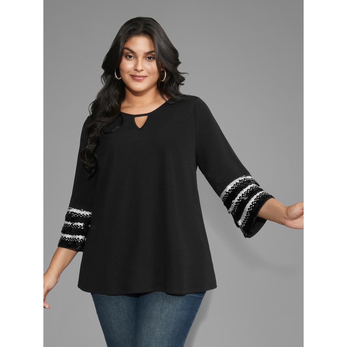 Plus Size Black Sequin Patchwork Keyhole Bell Sleeve Blouse Women Elegant Three Quater Length Sleeve Round Neck Everyday Blouses BloomChic 26/4X Product Image