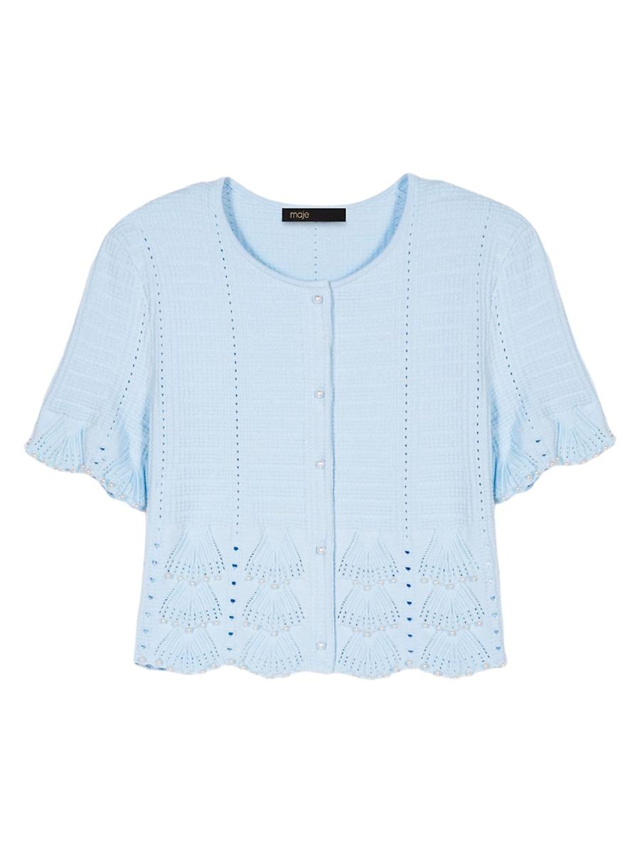 Womens Beaded Pointelle Knit Short Sleeve Cardigan Product Image