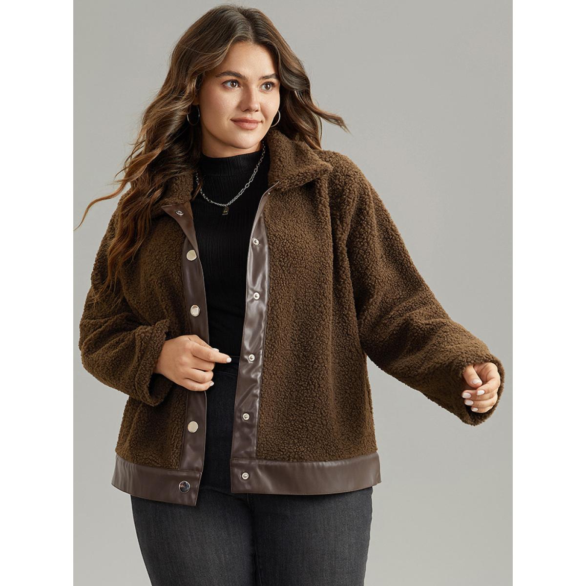 Plus Size PU Leather Patchwork Metal Detail Teddy Jacket Women DarkBrown Patchwork Dailywear Jackets BloomChic 14-16/1X Product Image
