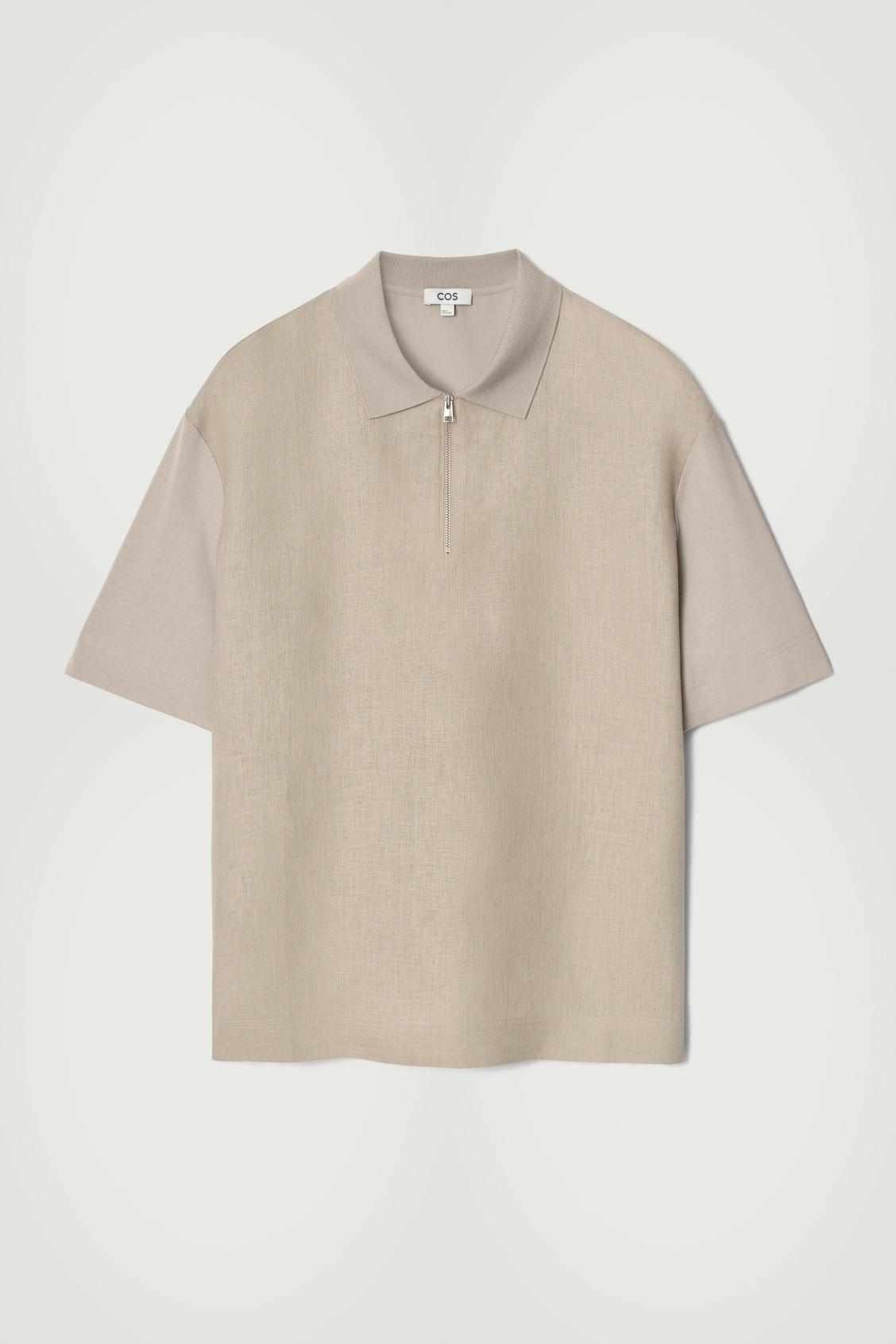 CONTRAST-PANEL LINEN HALF-ZIP POLO SHIRT Product Image