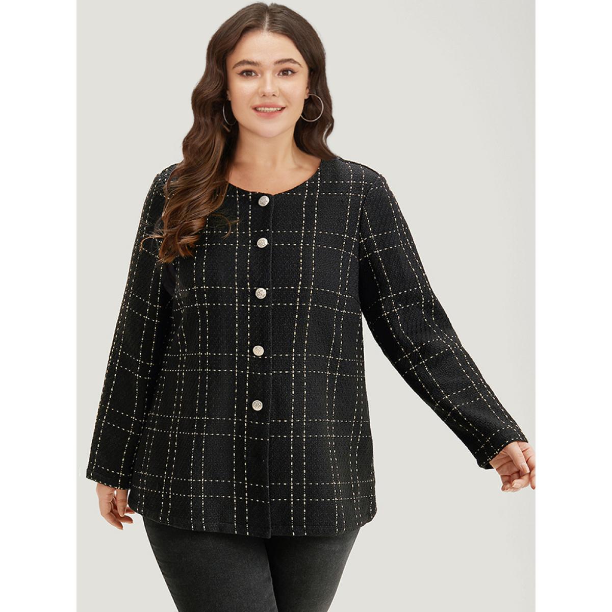 Plus Size Plaid Pattern Button Up Crew Neck Coat Women Black Casual Texture Ladies Dailywear Winter Coats BloomChic 14-16/1X Product Image