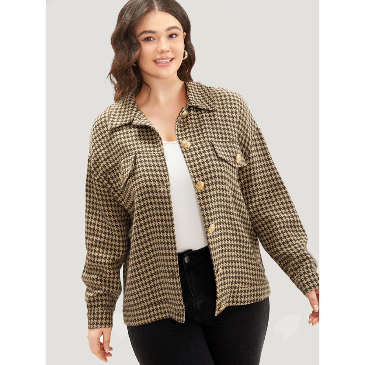 Plus Size Houndstooth Pocket Metal Detail Jacket Women Tan Texture Dailywear Jackets BloomChic 22-24/3X Product Image
