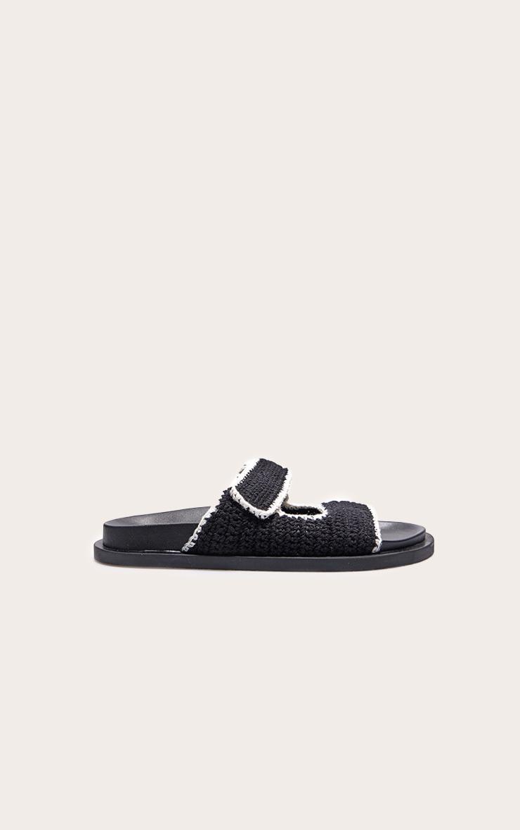 Black Contrast Round Toe Crochet Velcro Strap Flat Footbed Sandals Product Image