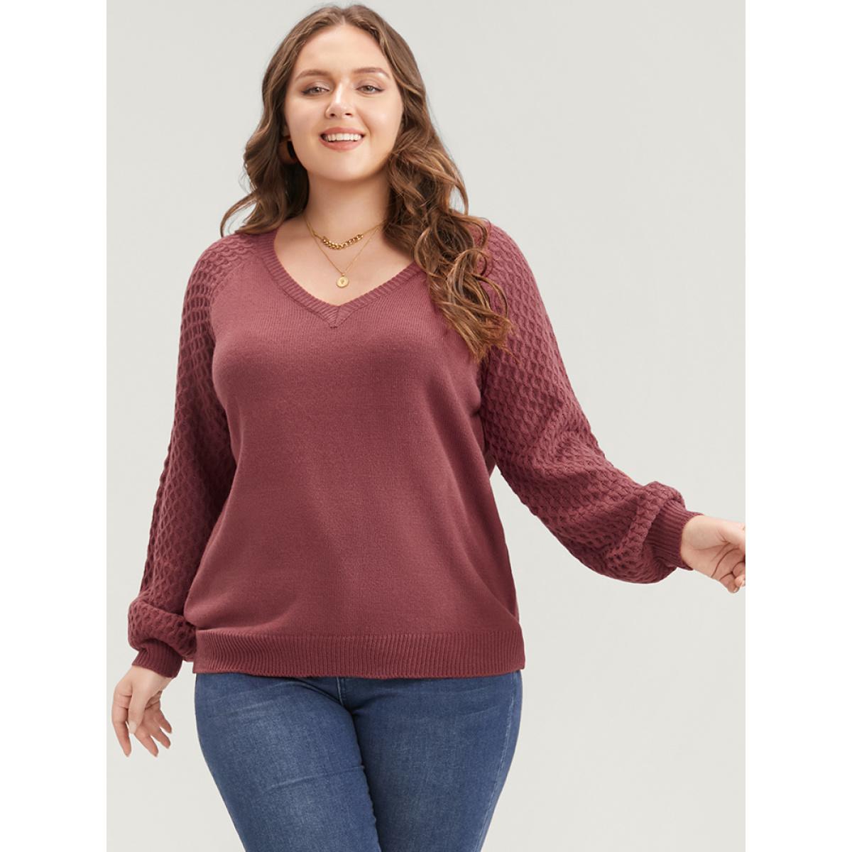 Plus Size Solid Pointelle Knit Lantern Sleeve Knit Top Russet Women Elegant Loose Long Sleeve V-neck Dailywear Pullovers BloomChic 22-24/3X Product Image