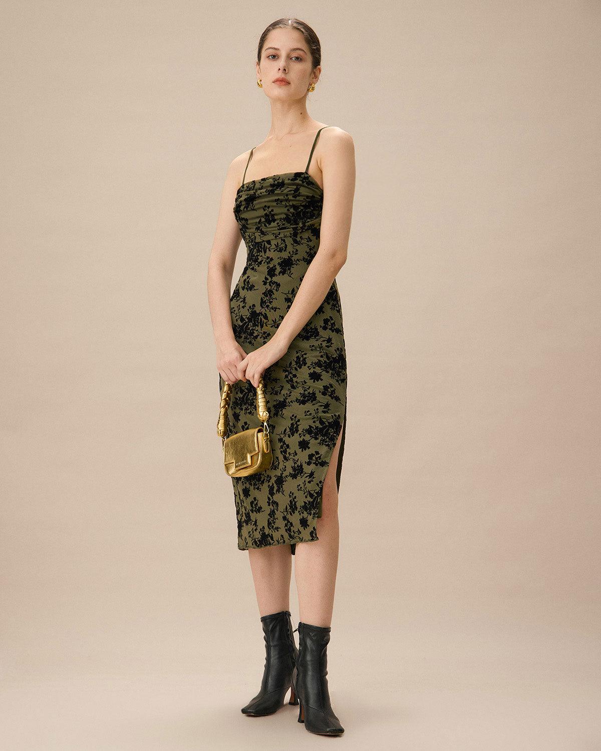 Green Jacquard Ruched Slit Midi Dress Product Image