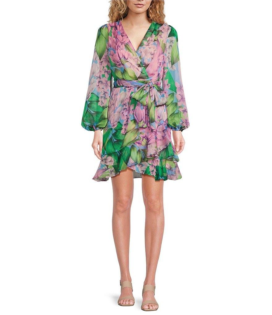 Alex Marie Laurel Wisteria Long Sleeve Surplice V-Neck A-Line Dress Product Image