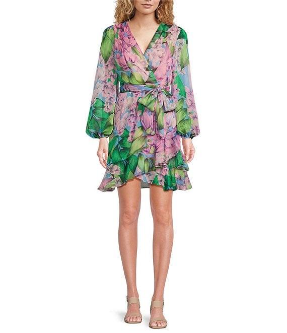 Alex Marie Laurel Wisteria Long Sleeve Surplice V-Neck A-Line Dress Product Image