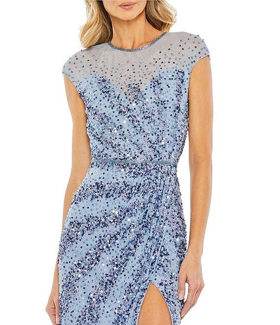 Mac Duggal Embellished Sequin Illusion High Neck Cap Sleeve Thigh High Slit Gown Product Image