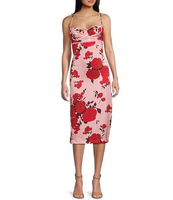 B. Darlin Floral Satin Spaghetti Strap Sweetheart-Neck Fitted Midi Dress Product Image