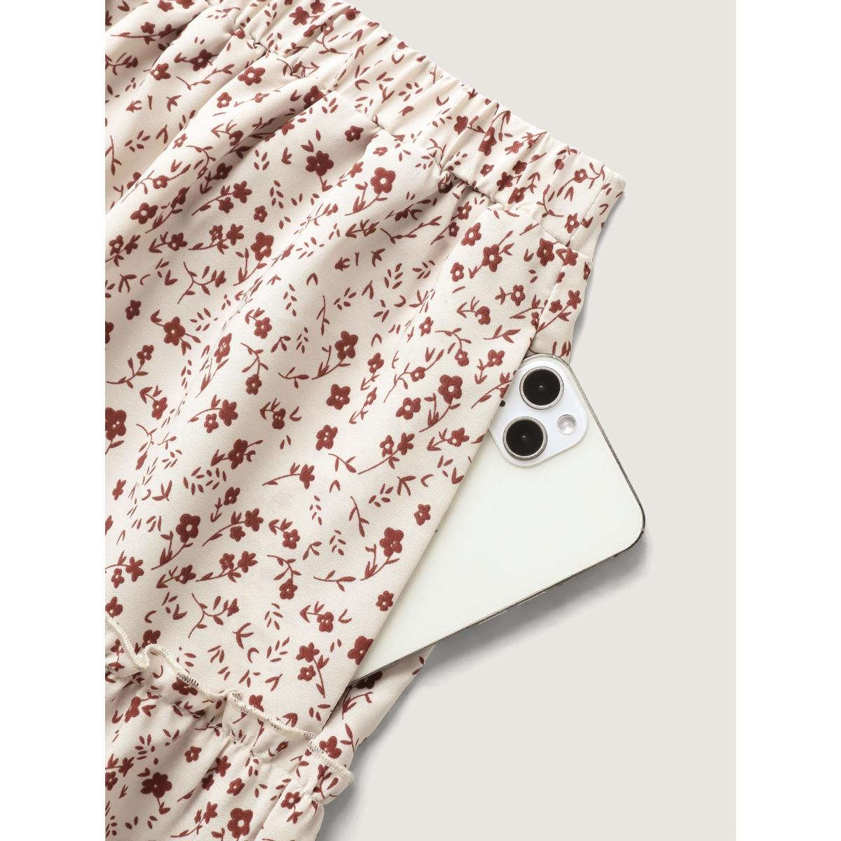 Plus Size Ditsy Floral Print Ruffled Midi Skirt Women Apricot Casual Loose No stretch Side seam pocket Everyday-Casual Skirts BloomChic 28/5X Product Image