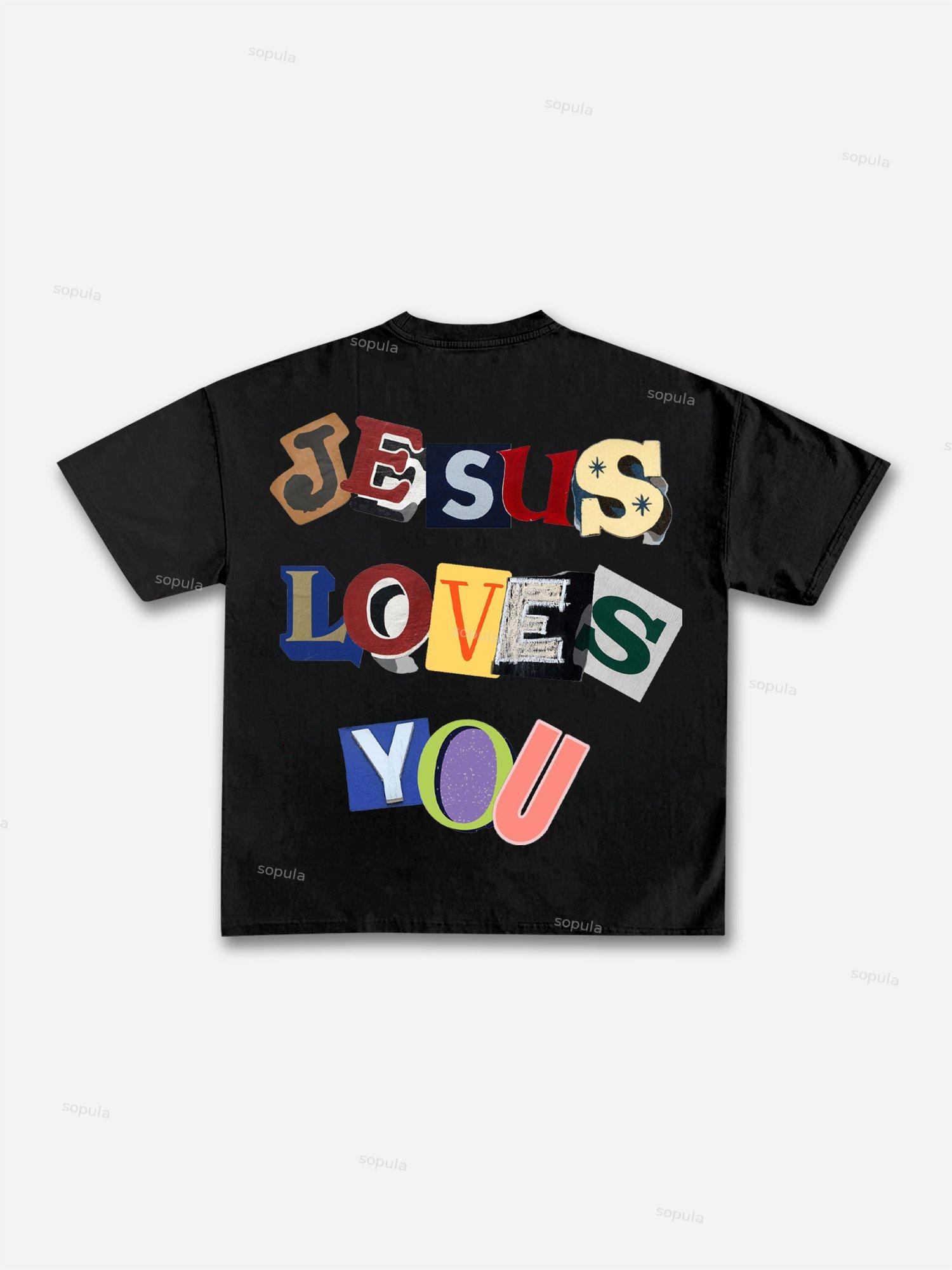 Jesus Loves You Collage Graphic Cotton T-shirt Product Image