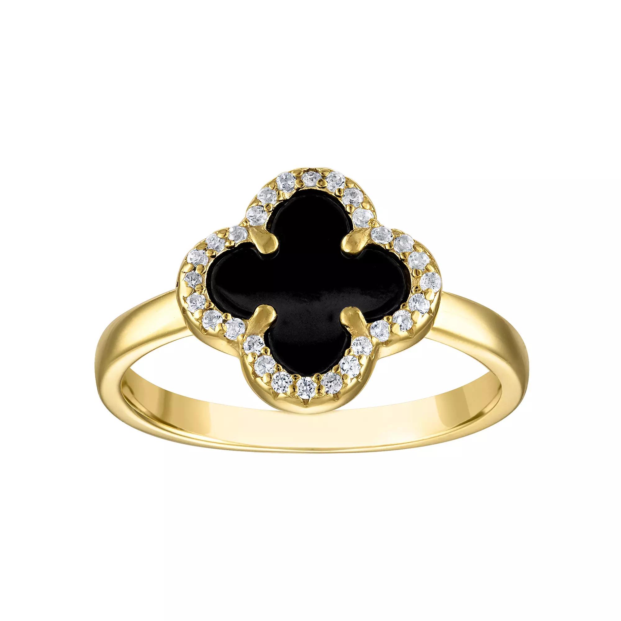 Designs by Gioelli 14k Gold Over Sterling Silver Gemstone Clover Ring, Women's, Size: 7, Black Product Image