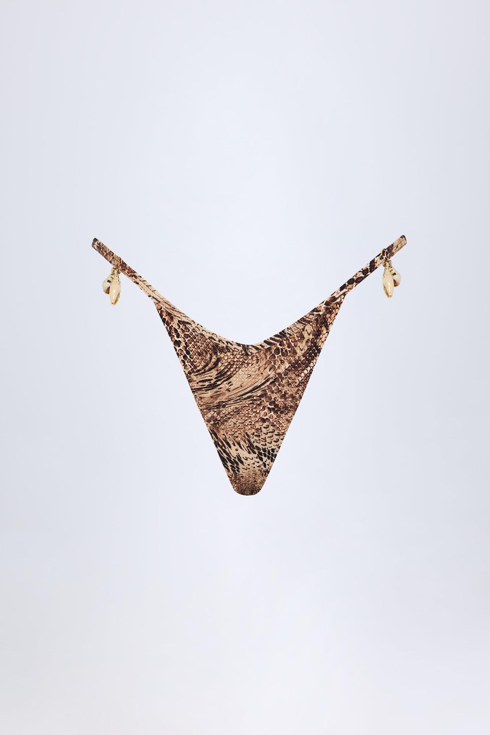 Charm-Detail Thong Bikini Bottoms in Snake Print Product Image