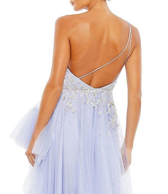 Mac Duggal Embellished One Shoulder Sleeveless Ruffle Hem Open Back Detail Asymmetrical Gown Product Image