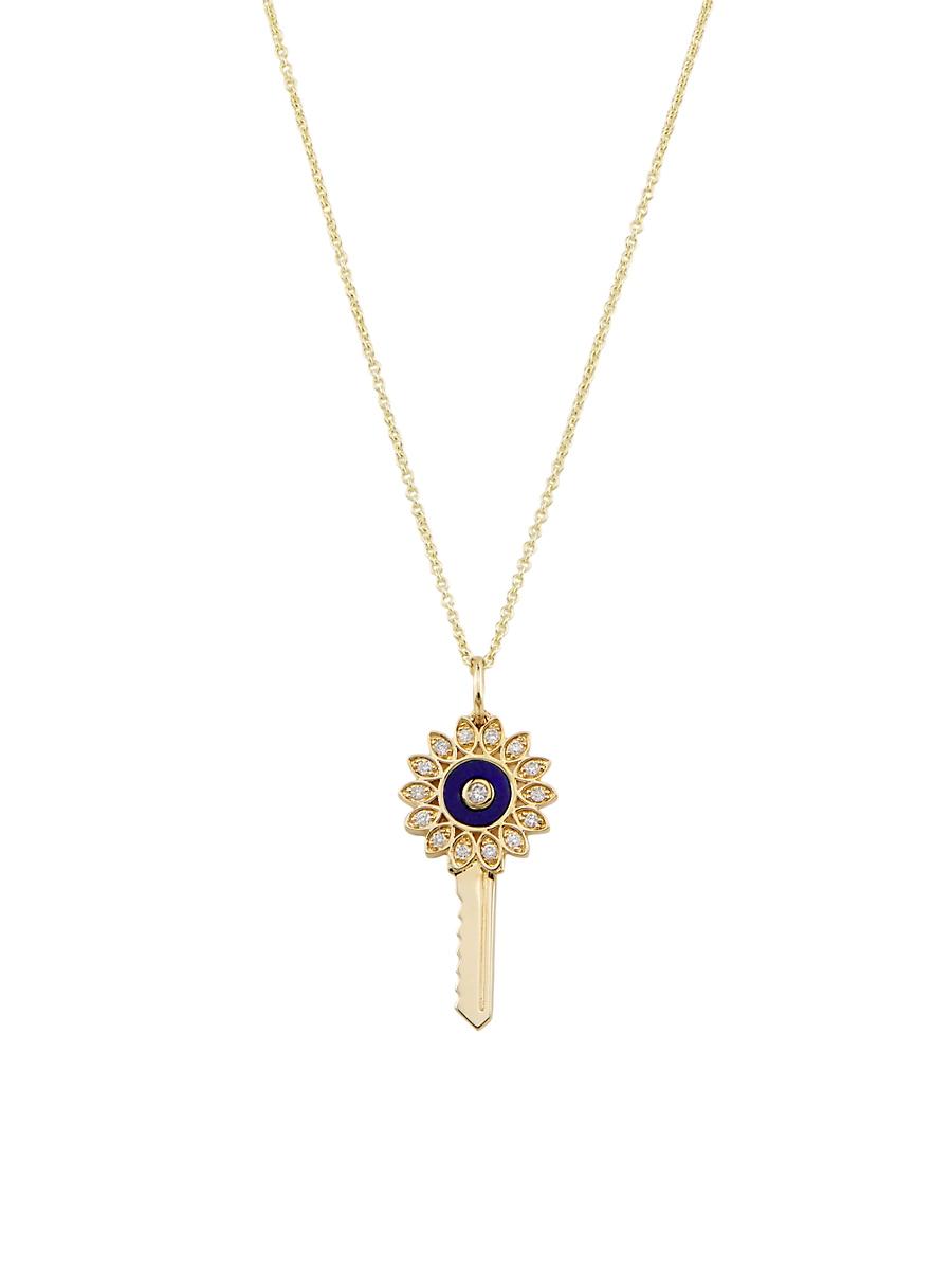 Womens 14K Yellow Gold, Lapis Lazuli & 0.08 TCW Diamond Key Pendant Necklace Product Image