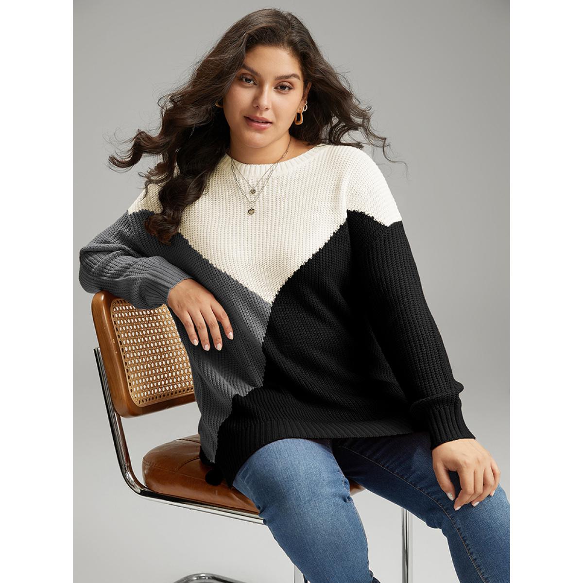 Plus Size Colorblock Split Side Drop Shoulder Pullover Black Women Casual Loose Long Sleeve Round Neck Dailywear Pullovers BloomChic 14-16/1X Product Image