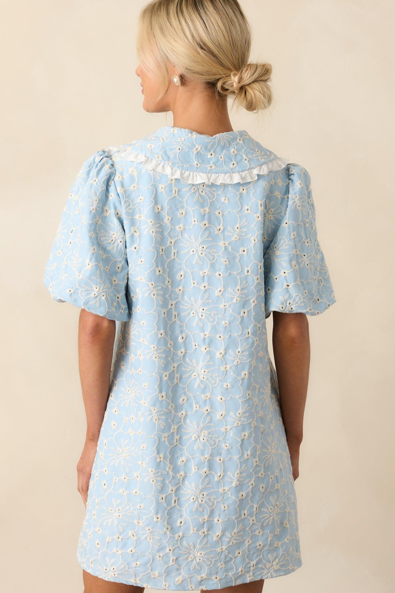 Kind Of Everything Light Blue Cotton Embroidered Eyelet Mini Dress Product Image