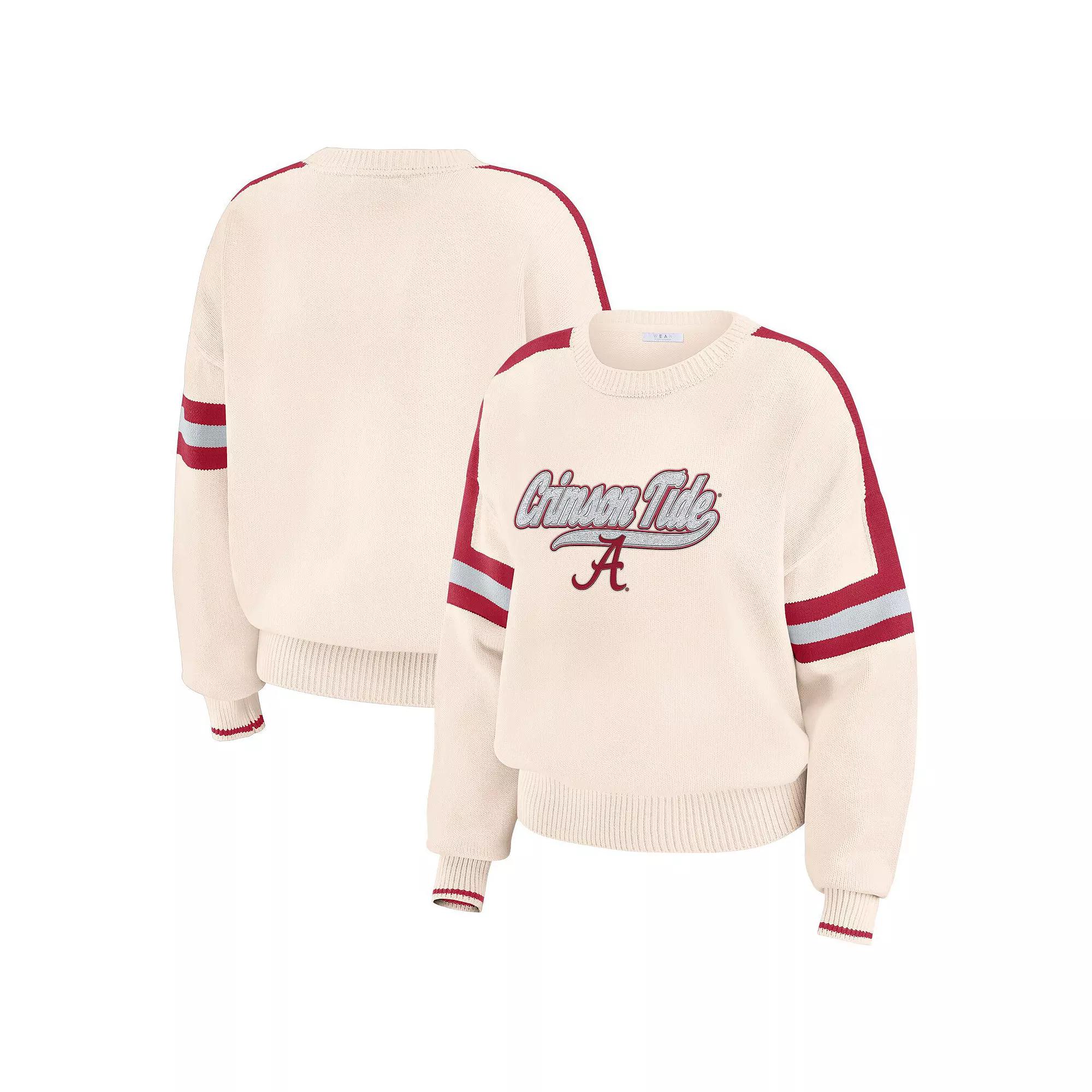Women's WEAR by Erin Andrews Cream Alabama Crimson Tide Chenille Woven Patch Stripe Pullover Sweater,  Product Image