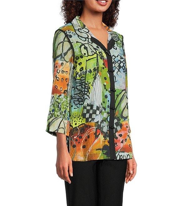 Ali Miles Petite Size Textured Woven Abstract Multi Print Wire Collar 3/4 Sleeve Button Front Tunic Product Image