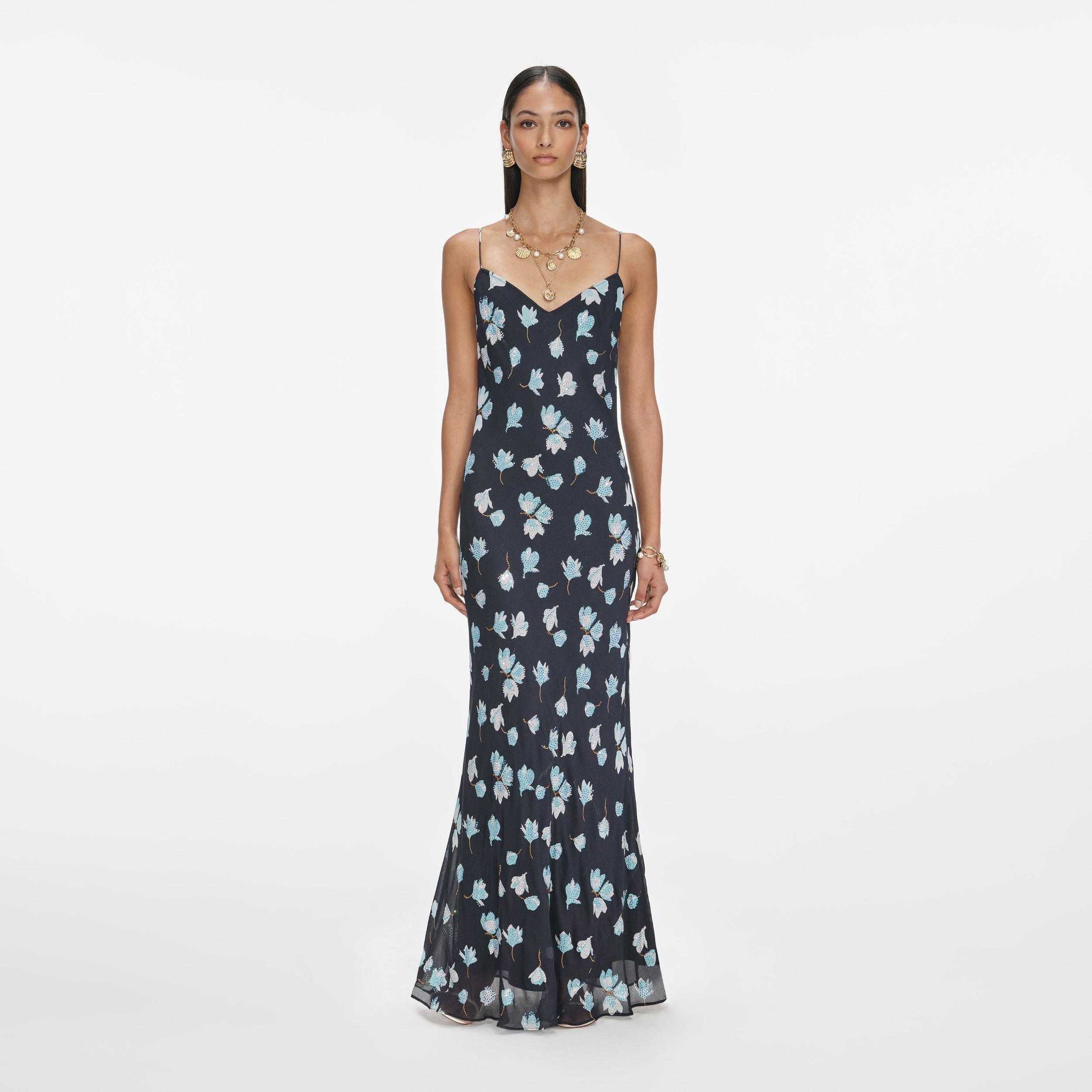 Navy Floral Rhinestone Maxi Dress Product Image