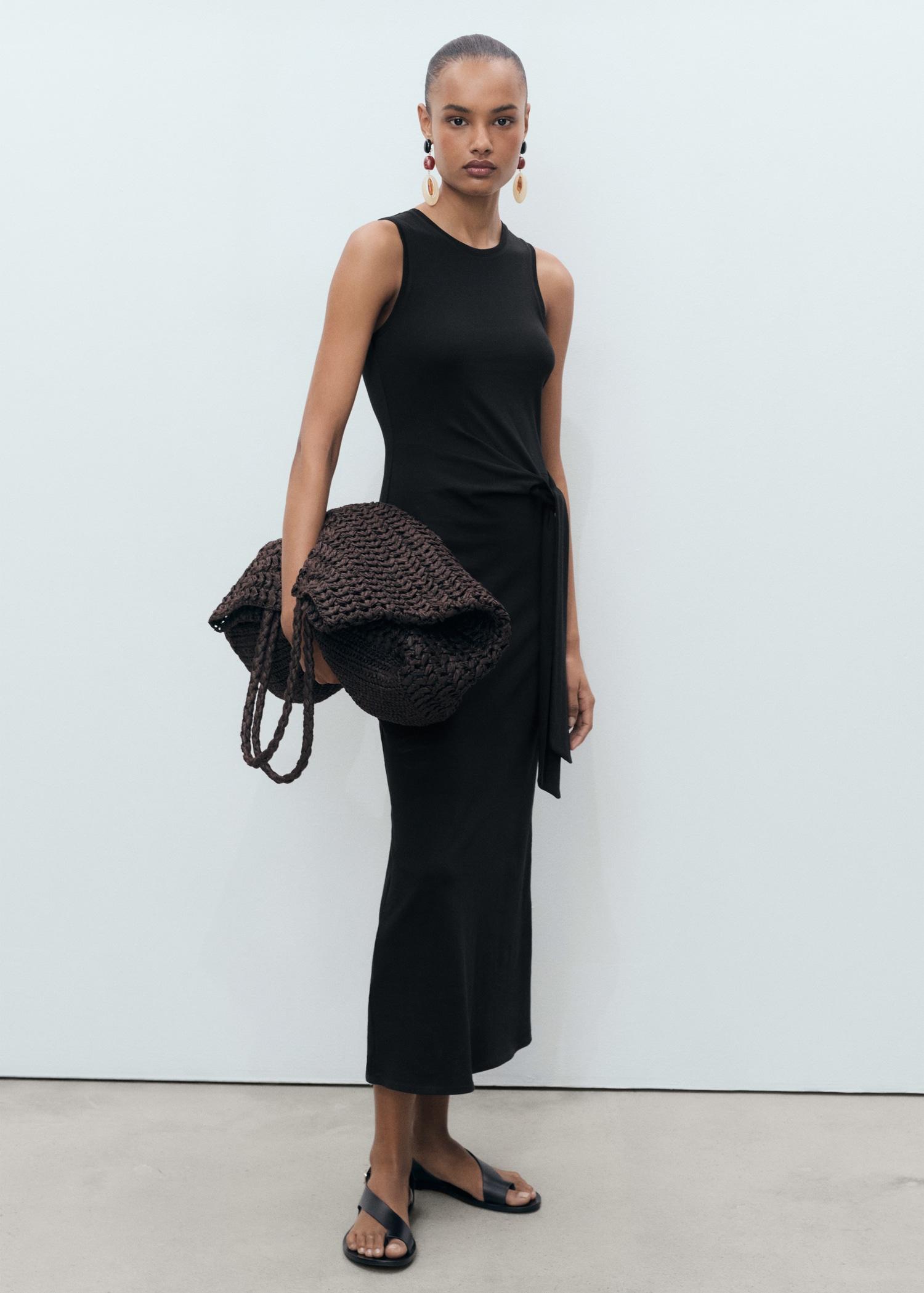 Cotton midi-dress with knot detail - Women | MANGO USA Product Image