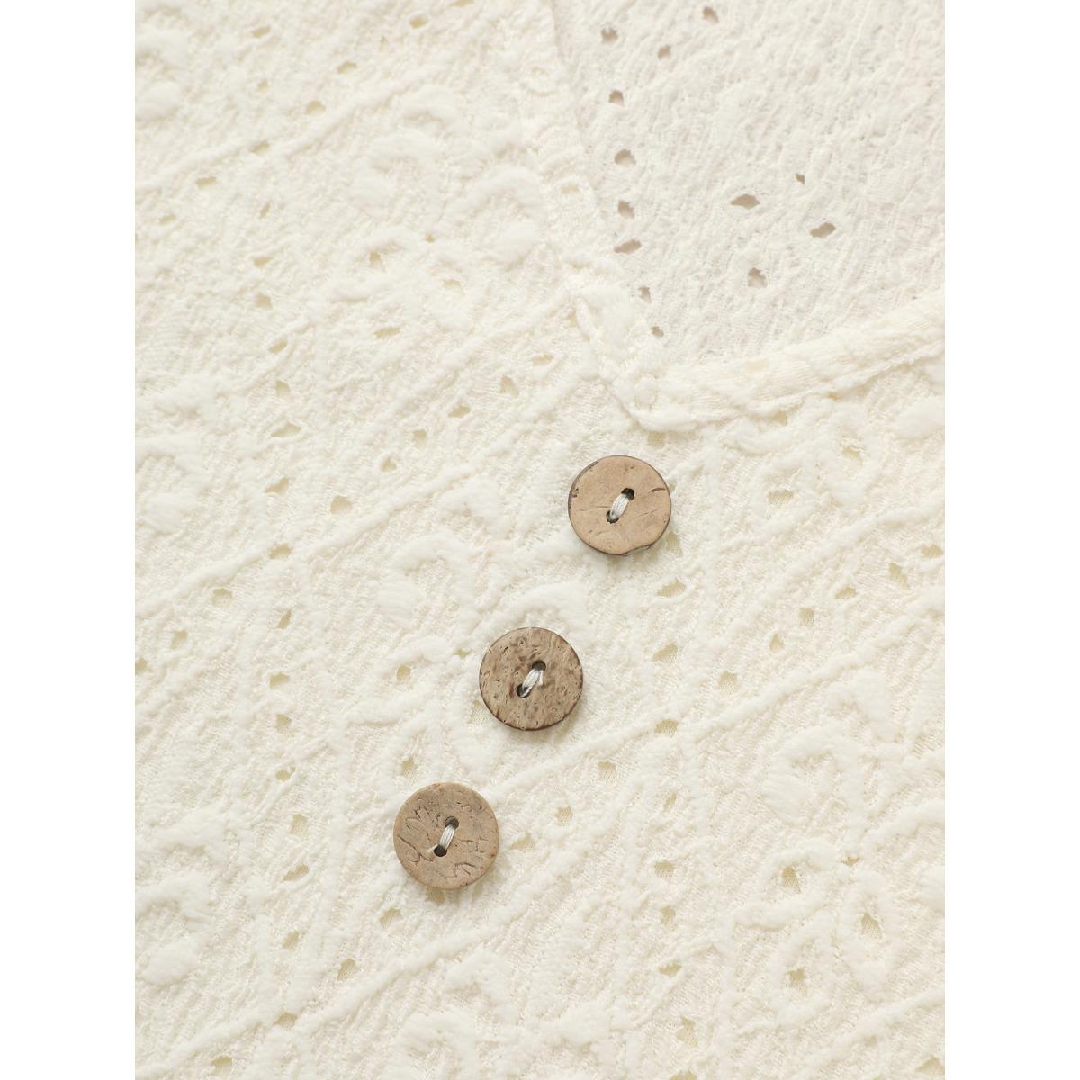 Plus Size Solid Plisse V Neck Button Detail T-shirt White Women Casual Texture Plain V-neck Everyday T-shirts BloomChic 10/M Product Image