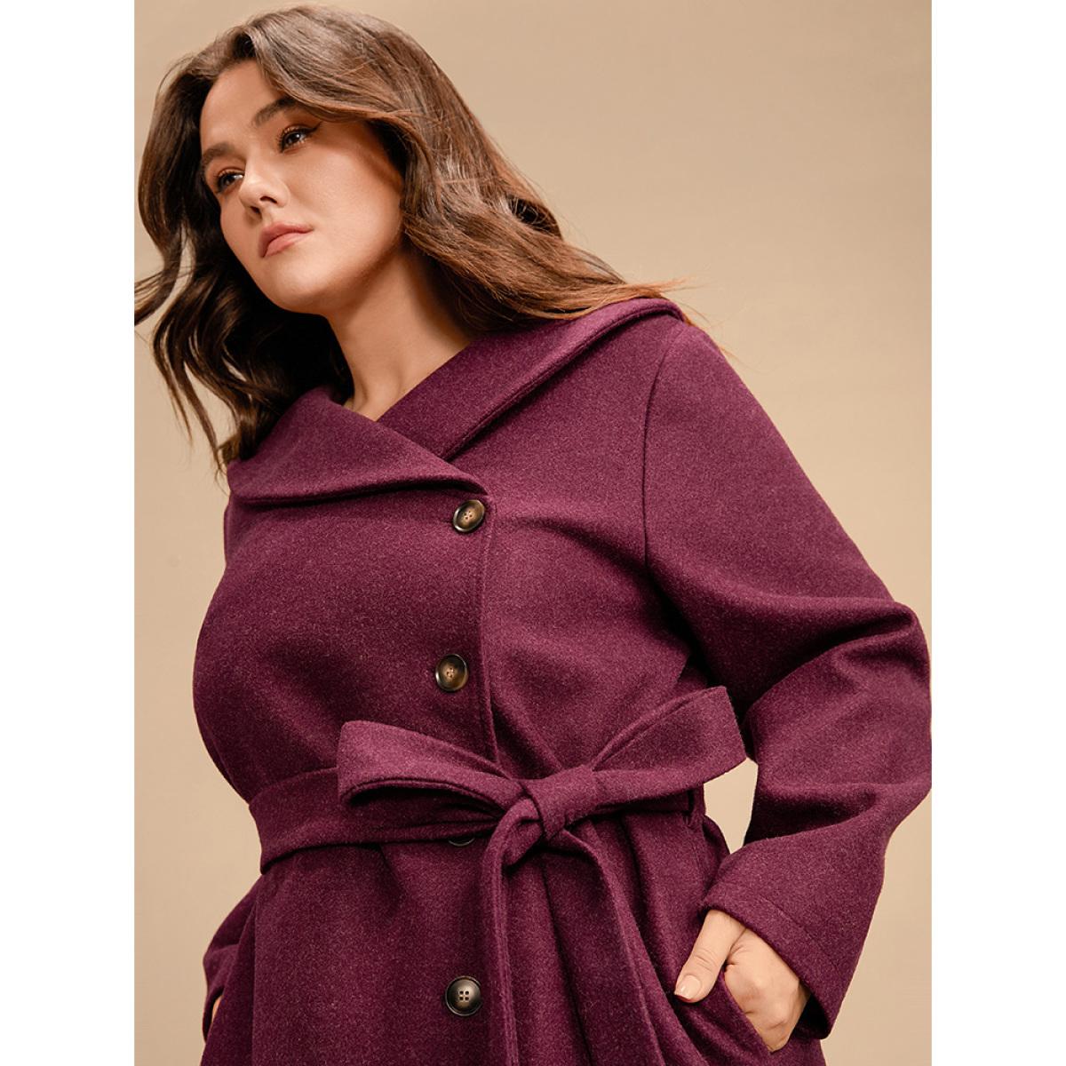 Plus Size Solid Foldover Collar Pocket Asymmetrical Hem Belted Coat Women Burgundy Elegant Cross straps Ladies Dailywear Winter Coats BloomChic 28/5X Product Image