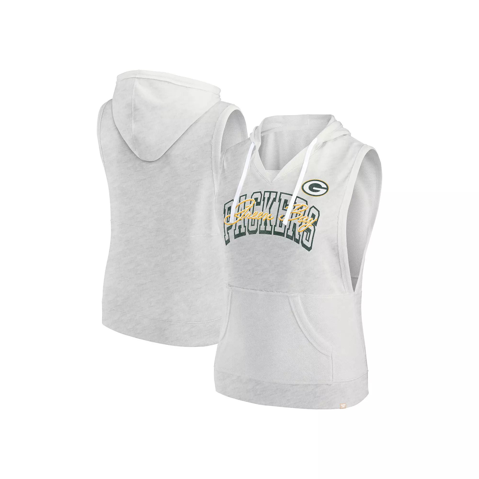 Women's Fanatics Oatmeal Green Bay Packers Lounge Script Sleeveless V-Neck Pullover Hoodie,  Product Image