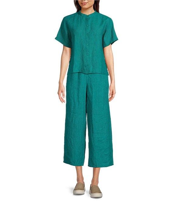 Eileen Fisher Washed Organic Linen Mandarin Collar Short Sleeve Button Front Top Product Image